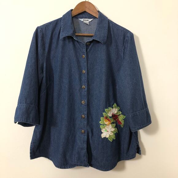 ALIA Denim Shirt Embroidered Cardinals Floral 16W 1X 100% Cotton Cottagecore - Picture 2 of 9